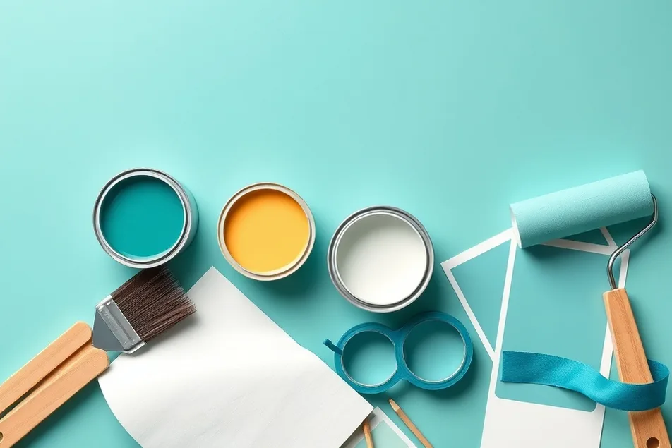 Pots de peinture, nuancier, brosses et rouleaux disposés à plat
