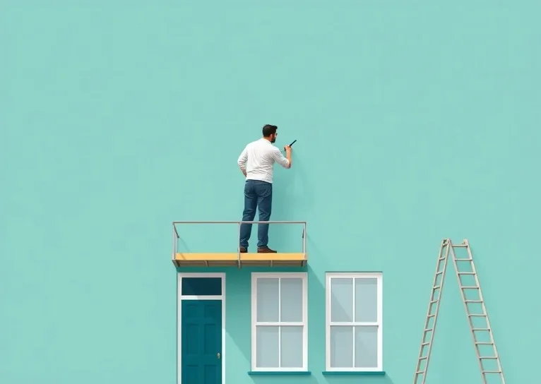 Peintre sur échafaudage traitant la façade d'une maison