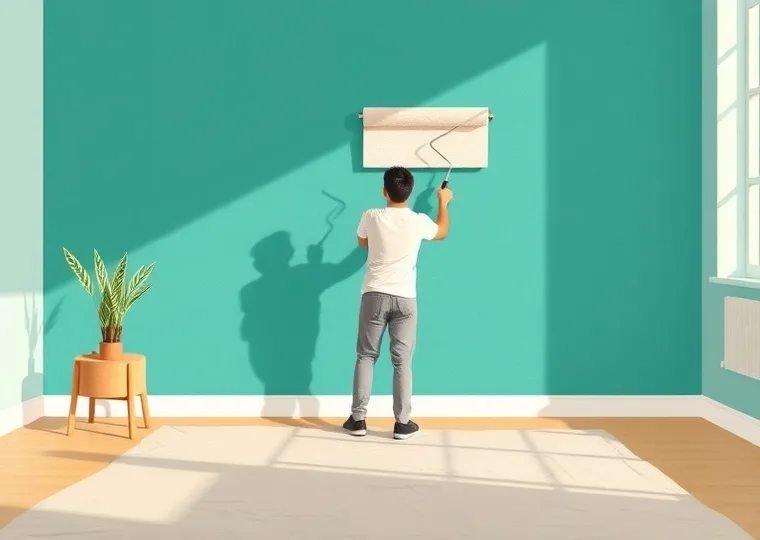 Peintre appliquant la peinture au rouleau sur un mur de salon